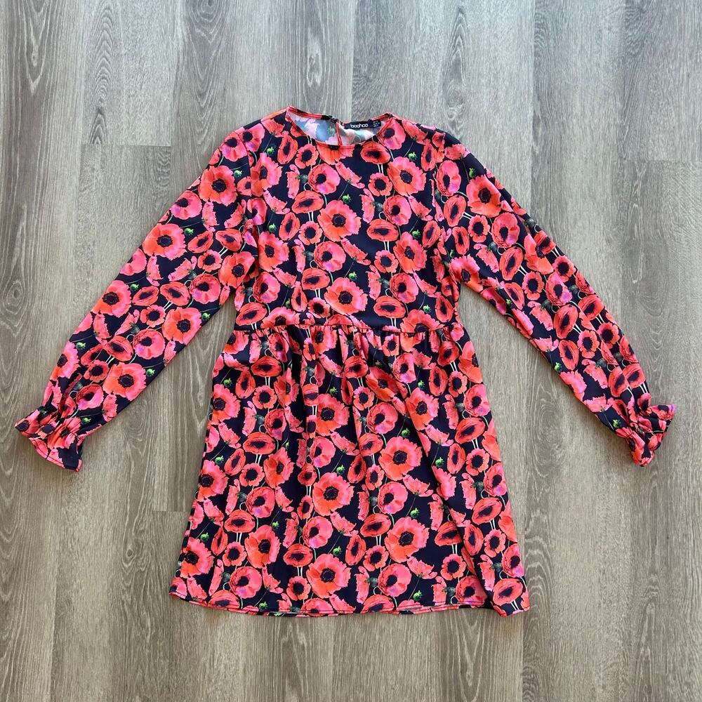 EUC Boohoo Hot Pink and Red Poppy Floral Long Sleeve Ruffle Cuff Dress Mini US 6 - Picture 5 of 16